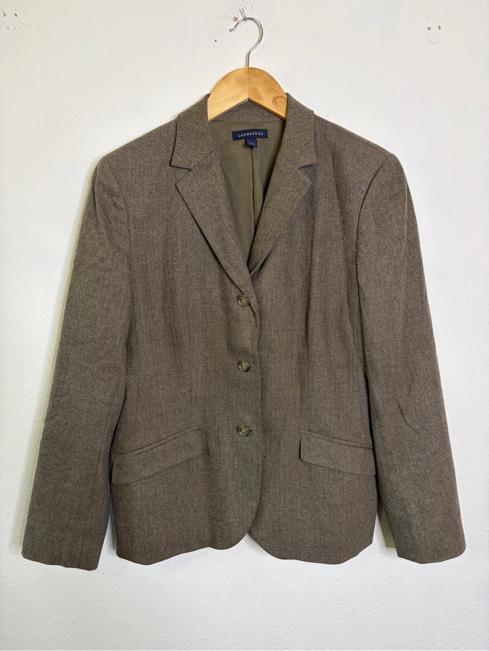 Lands' End Wool Herringbone Women's Brown Blazer suit jacket sz 12 academia